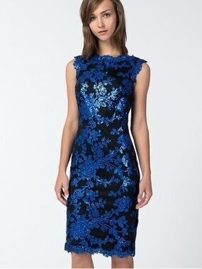 Tadashi Shoji blue sequin and black lace cocktail sheath dress
